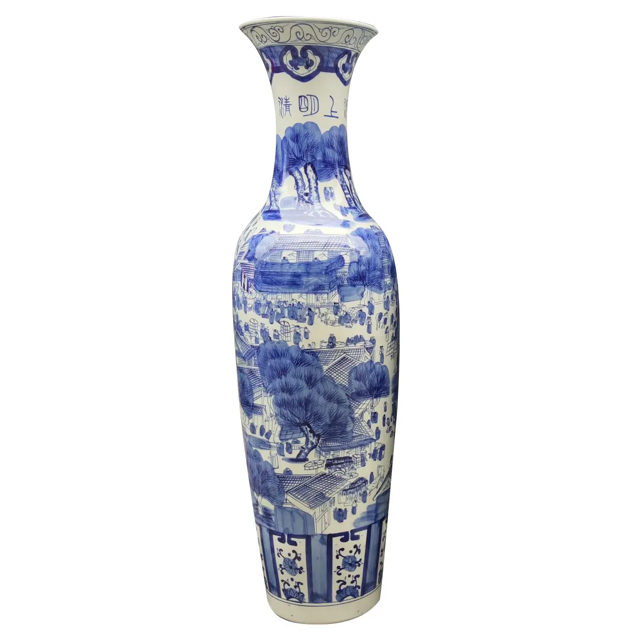 Maceta de cerámica de cuello largo para el hogar, jarrones grandes con patrón de paisaje de porcelana azul y blanca, China, venta al por mayor