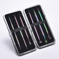 Kit de 6 outils pour éliminer les points noirs et les boutons, en acier inoxydable forgé à la main, couleur arc-en-ciel, avec sac en PU, écologique, ISO