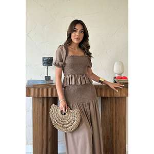 Vestido de Lino Moccah Gipeli con Cintura Elástica, Cuello Cuadrado, Fruncido, Corte Holgado, Estilo Casual - Product Image 3