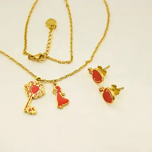 Custom Fashion jewelry stainless steel enameled kids Jewelry Set Colourful Red Apple Princess Key Charm Necklace Earring Set