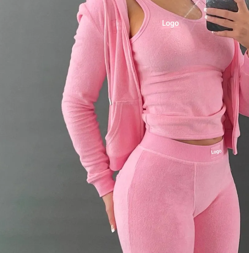 Autumn 2022 New Streetwear Bodysuit Tracksuits Pink Terry Toweling Vest Short Sweatshirt Pants 4 Two Piece Set for Woman