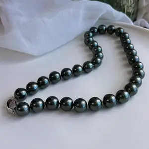 12mm Tahitian Black Color Natural Sea Shell Bead Necklace Simple Fashion Jewelry For Date Gift