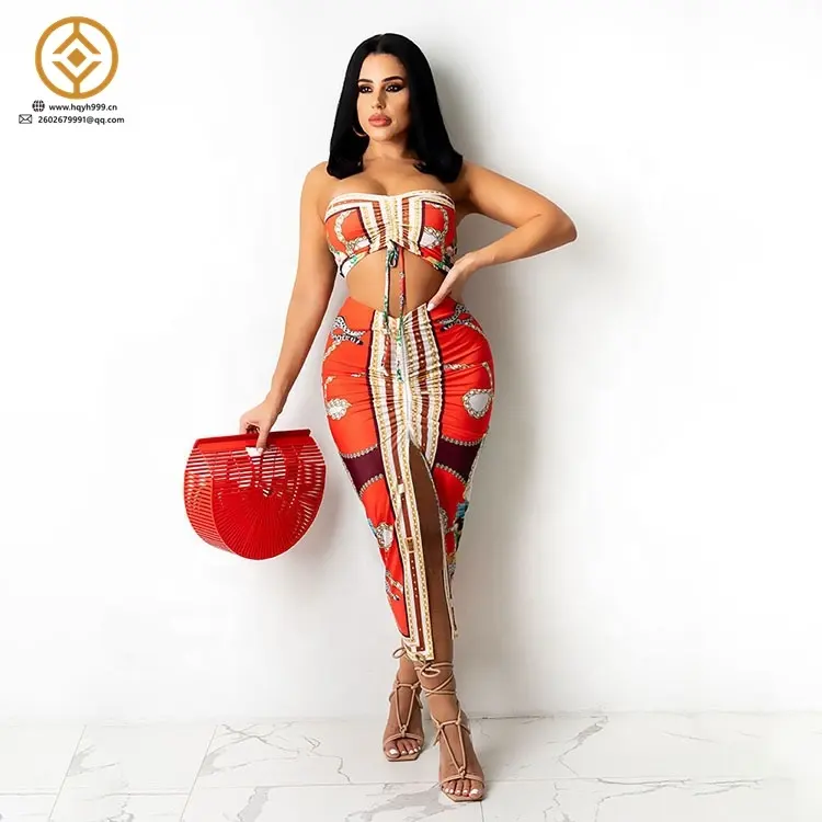 Factory Summer Clothing Chic Ruched Slit Sexy Print Strapless Two Piece Women Crop Top Skirt Set