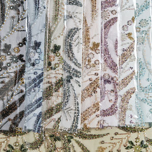 تصميم جديد لأقمشة الدانتيل الثقيل المطرزة للعرائس، أقمشة الأورجانزا البوليستر، دانتيل مطرز بالخرز الذهبي، قماش دانتيل للزفاف متعدد الألوان - Product Image 6