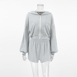 2025 autunno nuovo abito Casual da donna in due pezzi grigio con cappuccio con cerniera a maniche lunghe con stampa <span class=keywords><strong>pantaloncini</strong></span> larghi alla moda Versatile - Product Image 6