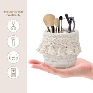 Cesta Tejida de <span class=keywords><strong>Cuerda</strong></span> de Algodón Estilo Nórdico, Mini Organizador de Escritorio de Macramé para Productos de Cuidado de la Piel, Contenedor Pequeño de Almacenamiento con Decoración de Flecos - Product Image 4