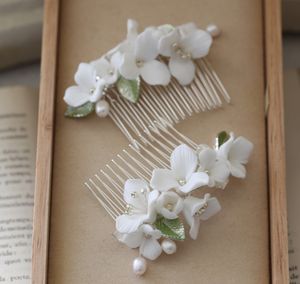 Horquillas para el Cabello de Novia con Perlas de Agua Dulce Hechas a Mano y Flores de Cerámica, Accesorios de Moda para Mujer, Peines Laterales para Fiesta/Boda para Niñas - Product Image 5