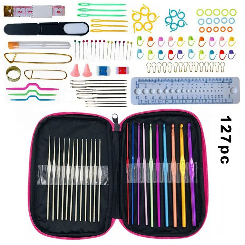 50pcs 100pcs DIY Alumínio Crochet Kit Com Fios Agulhas De Tricô Costura Kit Ferramentas Crochet Hook Set