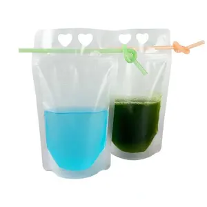 Tùy Chỉnh In 16Oz 500Ml Resealable Zipper Nhựa Uống Túi Nước Giải Khát Nước Trái Cây Rõ Ràng Uống Túi Với Nhựa Rơm Uống