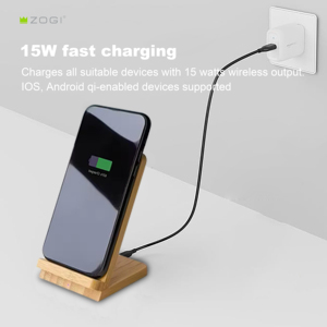 Support de téléphone en bois de bambou avec logo LED personnalisé, chargeur sans fil rapide 15W pour <span class=keywords><strong>smartphone</strong></span> - Product Image 4