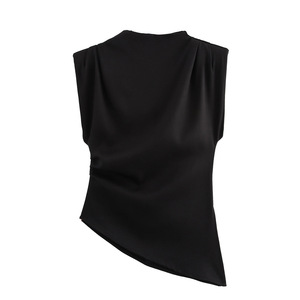 Top de verano para mujer con hombrera decorativa plisada, nuevo estilo Europeo Americano, venta al por mayor, Chaleco Corto, camiseta Sexy ajustada - Product Image 4