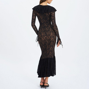 Vestido de Mujer con Patrón de Encaje, Sexy, Transparente, Elegante, Estilo Cola de Pez, Corte Ajustado, Manga Campana, Colección Otoño/Invierno 2026 - Product Image 3