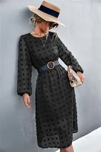 Hot Sale Round-necked Long-sleeved Dot Jacquard Midi Dress Support Clothing Manufacturers Custom