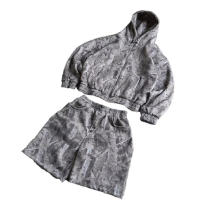 Custom Printed Hooded Sweatshirt <b>Set</b> Men Gray Leaf Pattern Street Style Autumn French Terry 100% cotton 400gsm - Product Image 4