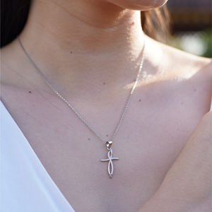 Collier pendentif croix de luxe moderne en argent sterling 925 Zyorio Jewels pour femmes, plaqué or rose, diamant, mariage - Product Image 3