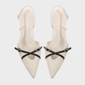 ZA Nouvelles Chaussures Femme Automne/Hiver, Mules à Talon Aiguille 6-8cm, Bout Pointu, à Boucle, à Bride Croisée, Talon Ouvert, Color-Block Noir et Blanc - Product Image 2