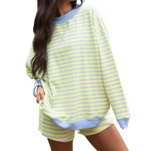 <b>Top</b> Trending Women's Yellow Blue Striped <b>Long</b> <b>Sleeve</b> Mock Neck Sweatshirt Shorts 2Piece Casual Loungewear Sets All Season Wear - Product Image 1