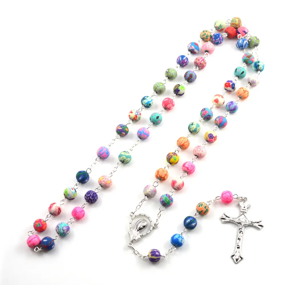 Colorful Rosary Necklace with Beautiful Polymer Clay Beads Saints Image Connectors For Men Women Kids Used in Church