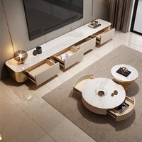 Meubles de salon de luxe au design moderne, en bois et métal doré, avec plateau en pierre frittée, ensemble de meuble TV et table basse
