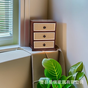 Retro Multi Layer Storage Cabinet Solid Wood <b>Desktop</b> Rattan Mini Jewelry Box 3 Drawers Creative Organizer Drawer Style <b>Shelf</b> - Product Image 1