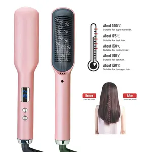 PRITECH PTC Feat Heating 14 Temp Settings Anti-Scald Auto Shut Off Professional Pink Ionic electric Hair Straightener Brush