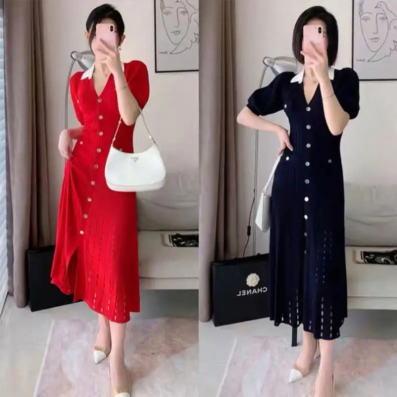 Bettergirl 24 Đan ăn mặc Pháp thanh lịch ăn mặc mới rỗng tương phản Màu sắc lần lượt v-cổ mỏng mùa xuân mùa hè tự nhiên băng lụa