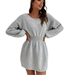 OEM/ODM 우아한 라운드 넥 박쥐 슬리브 꽉 벨트 허리 플레어 스웨터 캐주얼 드레스