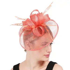 Copricapo di fiori di piume a doppio scopo in stile europeo e americano all'ingrosso fascia per capelli in filato di canapa con cappello piccolo rosso corallo retrò