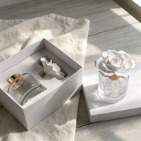 Diffuseur de parfum d'ambiance en verre de 100 ml avec fleur de rose en céramique faite à la main, pierre aromatique et bâtonnets en rotin pour huiles essentielles