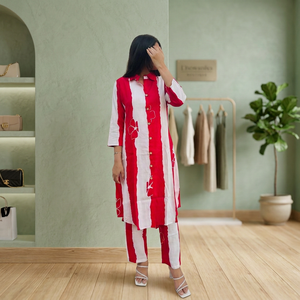 Ensemble pantalon et robe midi à col contrastant rayé rouge et blanc, manches trois quarts, en coton tissé, séchage rapide, tenue décontractée d'été - Product Image 3