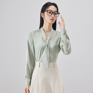 Women's Satin V-Neck Long Sleeve Shirt With <b>Tie</b> Front Office Blouse Solid Color Professional Top For Work Spring Autumn - Product Image 4