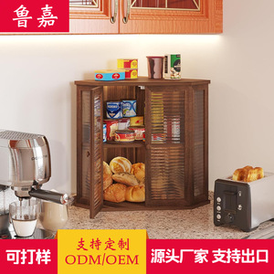 Wooden Bread Box Corner <b>Kitchen</b> Storage Solid Wood Double Door Food Rack Natural Color Polygon Shape - Product Image 4