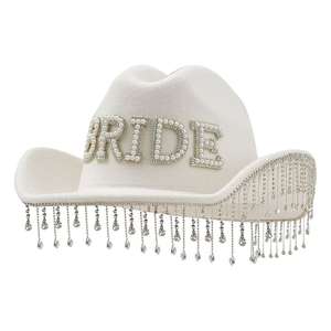 Adult Beads Tassel Cowboy <strong>Cowgirl</strong> <strong>Hat</strong> Letter <strong>Bride</strong> European American Jazz White Felt Fringed <strong>Hat</strong> - Product Image 1