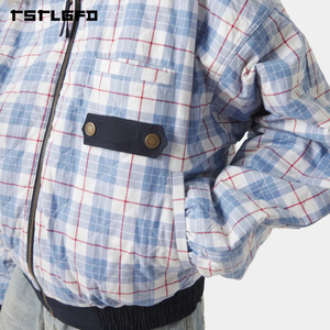 OEM ODM <b>Reversible</b> <b>Jacket</b> Plaid Pattern Solid Navy Harrington Bomber Coat Vintage Streetwear Double Sided Outerwear Bulk - Product Image 6