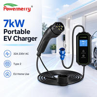 Chargeur EV portable 7kW 32A Type 2 monophasé 230Vac IP65 avec prise CEE bleue et câble de 5m pour la recharge de véhicules électriques à domicile ou au garage en Europe