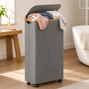 Cesto de Ropa Plegable CF Wholesale de 60 Litros con Asa de Bambú, Tapa y Ruedas, Delgado, Estrecho, Plegable, Gris, para Almacenamiento de Ropa y Juguetes - Product Image 1