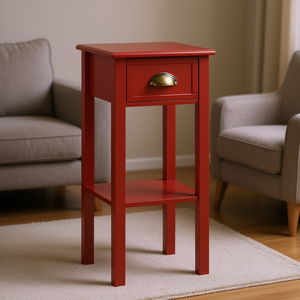 Tavolino rosso a 2 livelli con cassetto, tavolino stretto per soggiorno e camera da letto - Product Image 2