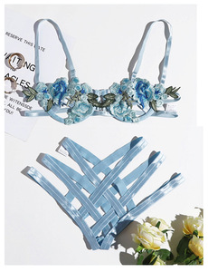 ชุดชั้นในลูกไม้เซ็กซี่แบบเปิดลายฉลุสีฟ้าอ่อนปักลายดอกไม้แบบสองชิ้นขายส่งแบบใหม่ - Product Image 3