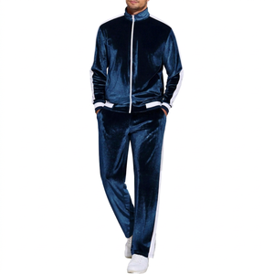 Ensemble de survêtement pour homme en velours bleu marine léger, coupe classique, manches longues, col montant, fermeture éclair, poches latérales, décontracté, automne - Product Image 1