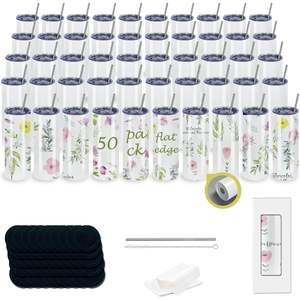 Paquete de 50 Vasos Sublimables de Borde Plano de 20 oz, Vasos Aislantes de Acero Inoxidable con Tapa, Pajita y Posavasos Reutilizables para Bebidas Frías - Product Image 1