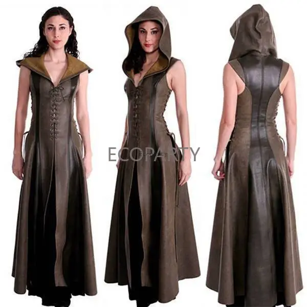 Ecoparty Dames Middeleeuwse Vintage Boogschutter Capuchon Cosplay Kostuum Krijger Pijl Hoodie Leren Jurk Mouwloze Vesten