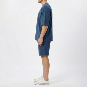 Solid Blue Cotton T-Shirt and Shorts <b>Set</b> Loose Fit O-Neck Short Sleeve Breathable Lightweight Men <b>Twin</b> <b>Set</b> High Street Style <b>Set</b> - Product Image 2