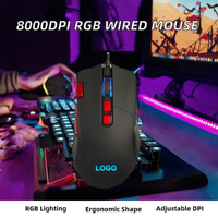 Souris de jeu optique filaire OEM Mous 7200dpi LED, ergonomique, USB, 8 boutons, souris de jeu lumineuse pour PC, pour droitiers