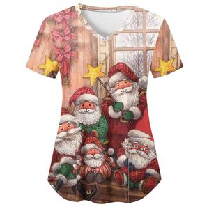 T-shirt à manches courtes et col en V pour femme, imprimé 3D, gnome d'automne avec citrouilles et tournesols, design de poche, coupe régulière - Product Image 5