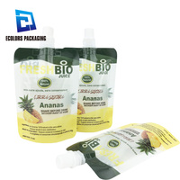 Pochettes souples personnalisées imprimées pour boissons : jus de gingembre, jus d'ananas, jus de mangue, yaourt liquide, vanille – Emballage stand-up avec bec verseur