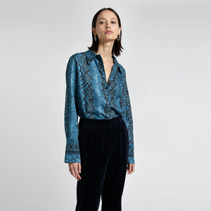 Custom Office Formal Wear Womens Blue Animal Snake Print Satin <strong>Shirt</strong> Long Sleeve Button Down Blouse with Point Collar - Product Image 4