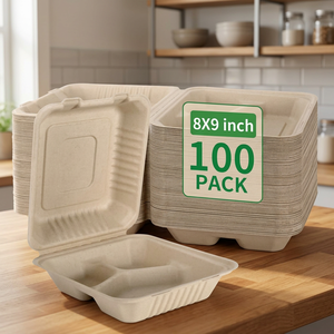 Vedela Natural 100 <b>Pack</b> 3 Compartment Square Bagasse Compostable Recyclable 32 oz 8x9 Inch Takeout <b>Lunch</b> <b>Box</b> Lid PFAS-Free Brown - Product Image 3