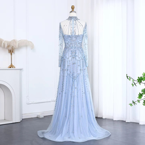 Jancember LSZ587 Robe de soirée élégante bleue arabe perlée pour femme 2024 - Product Image 4