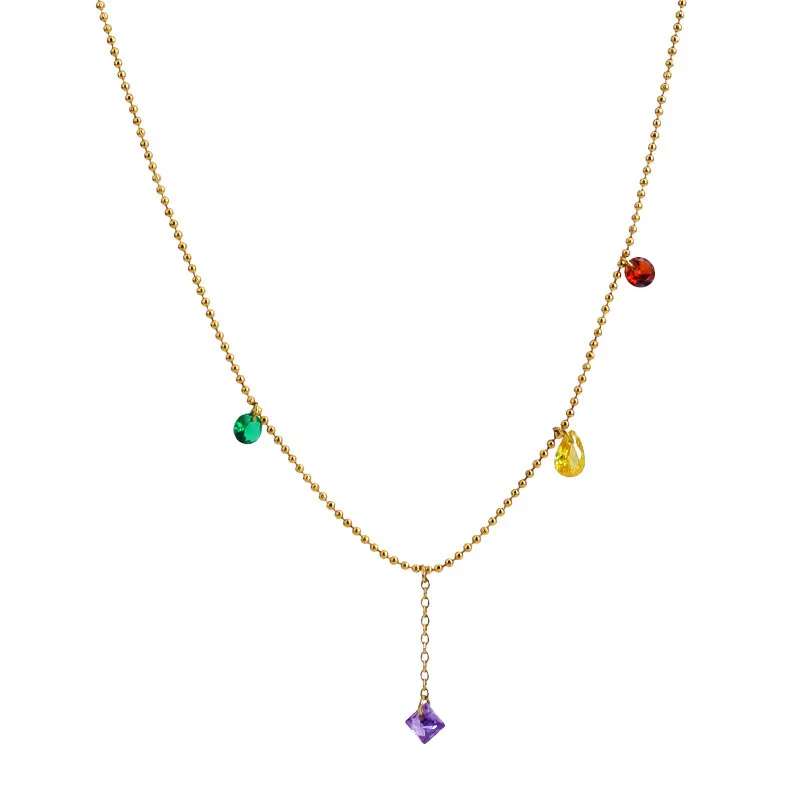 Fashion 18k Gold Plated Stainless Steel Beaded Chain Necklace Women Colorful Cubic Zirconia Dangle Necklace Summer Jewelry