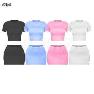 Custom Logo Women Clothing Loungeear Short Sleeve Crop Top Short Skirt Bodycon Two-piece Skirt Sets